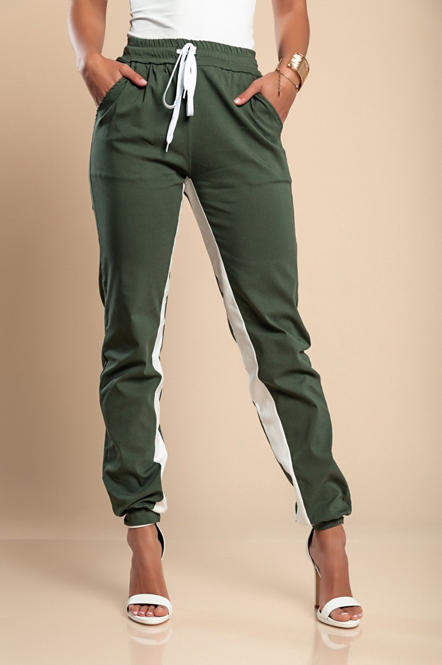 Donna NEO IMAGE | Pantalone Alla Moda Con Riga Sui Lati, Elasticizzate In Vita Frieda, Verde