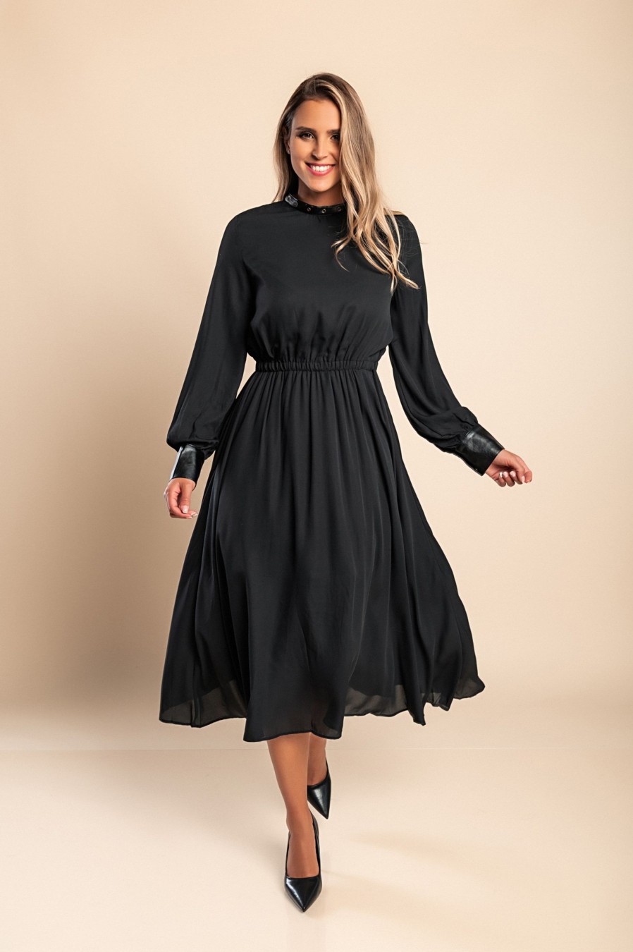 Donna MYSTAR Mixmind srl | Dettagli In Ecopelle Abito Midi Elegante Plana, Nero