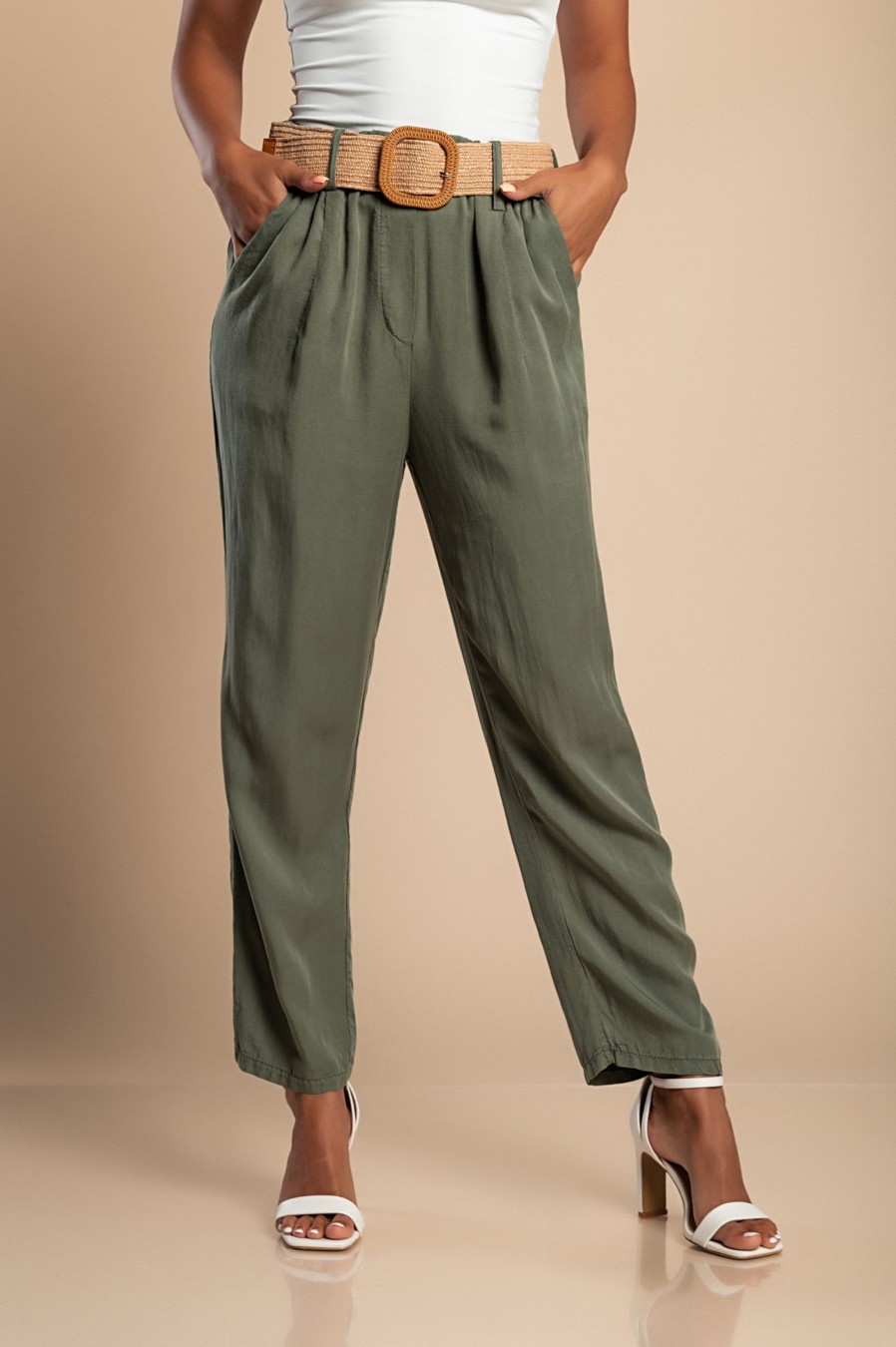 Donna PRONTO MODA ELENE | Pantalone Lungo Con Cintura Decorativa, Verde Oliva