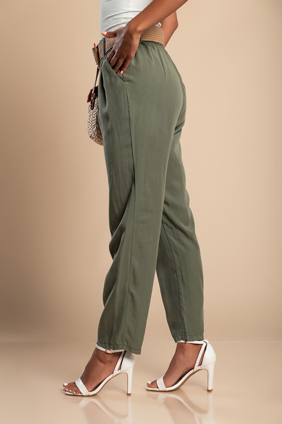 Donna PRONTO MODA ELENE | Pantalone Lungo Con Cintura Decorativa, Verde Oliva