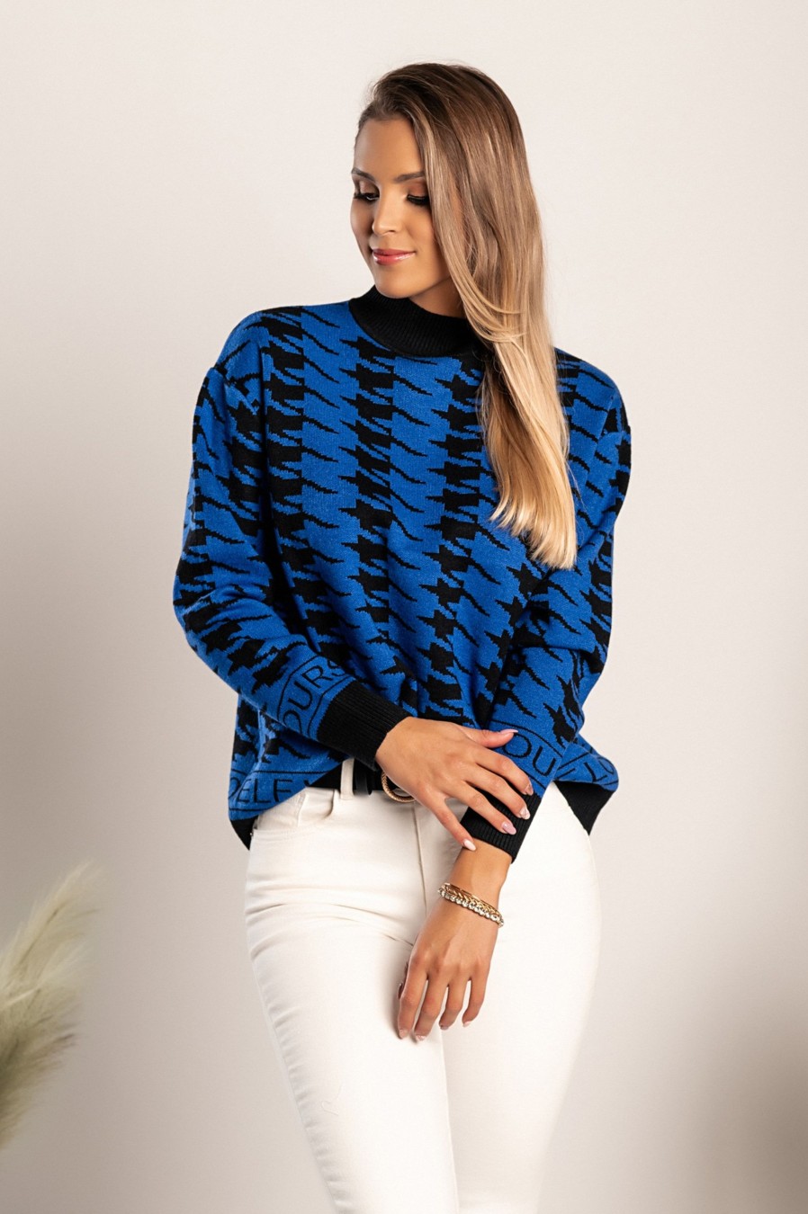 Donna EWOMAN - INTERFASHION SRL | Maglia Con Fantasia Pepita Sanga, Nera E Blu