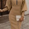 Donna NEO IMAGE | Elegante Abito Midi Con Maniche Larghe E Scollo A "V" Con Cerniera Bentley, Beige