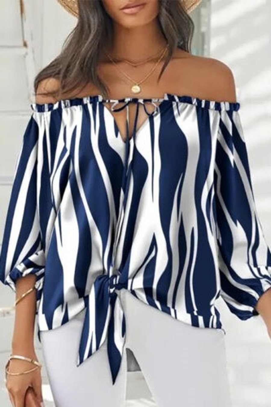 Donna NEO IMAGE | Camicia Ampia Con Spalle Scoperte E Lacci Da Annodare Inessa, Blu-Bianco