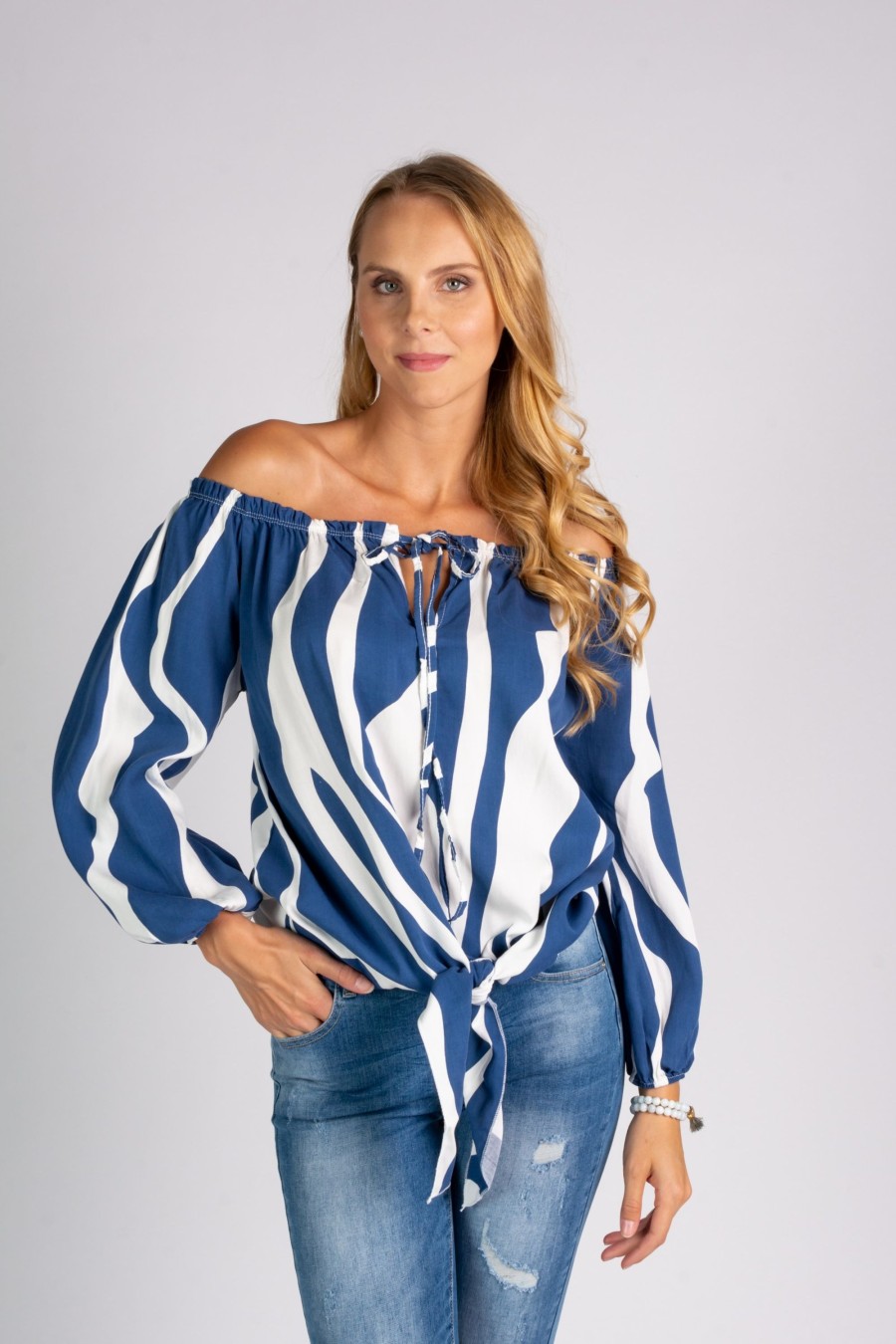 Donna NEO IMAGE | Camicia Ampia Con Spalle Scoperte E Lacci Da Annodare Inessa, Blu-Bianco