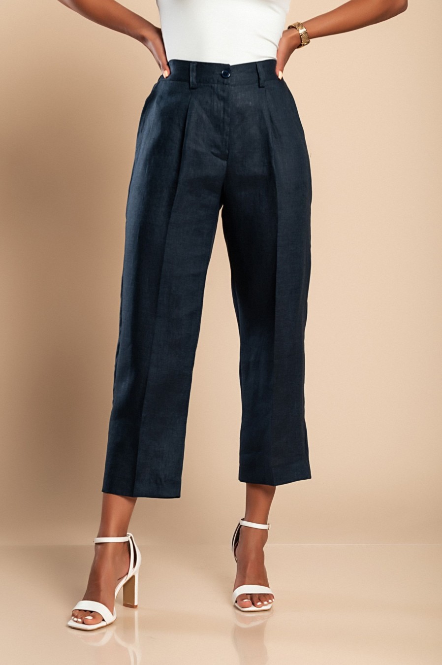 Donna CA.FRA.MA.s.r.l. | Pantaloni Eleganti In Lino, Blu Scuro