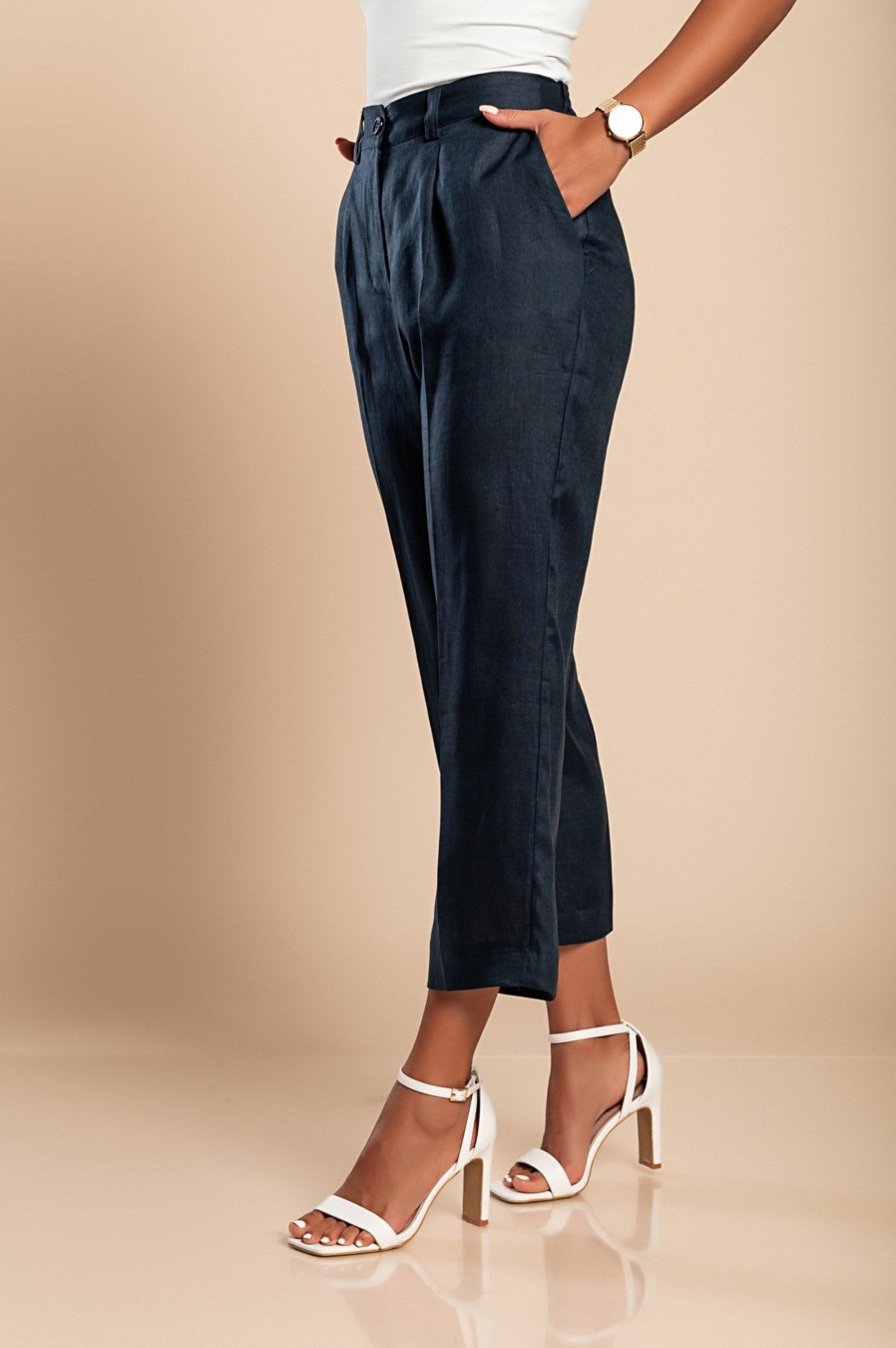 Donna CA.FRA.MA.s.r.l. | Pantaloni Eleganti In Lino, Blu Scuro