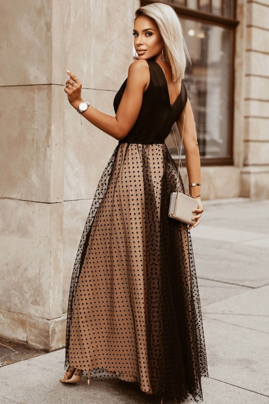 Donna Dear-lover | Elegante Maxi Abito A Pois, Nero