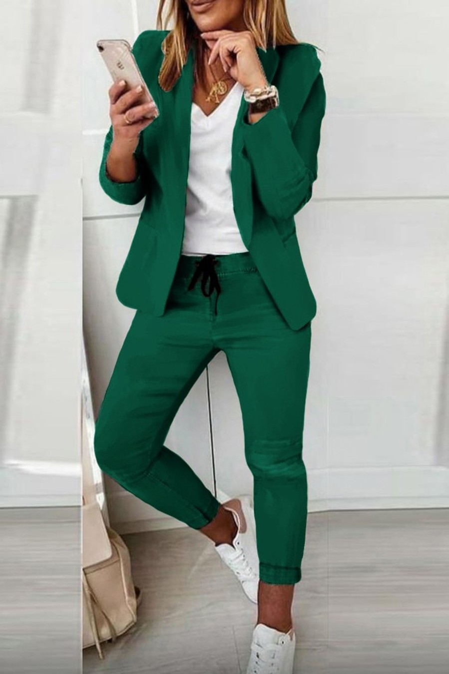 Donna NEO IMAGE | Completo Pantalone E Blazer Elegante Estrena, Verde Chiaro