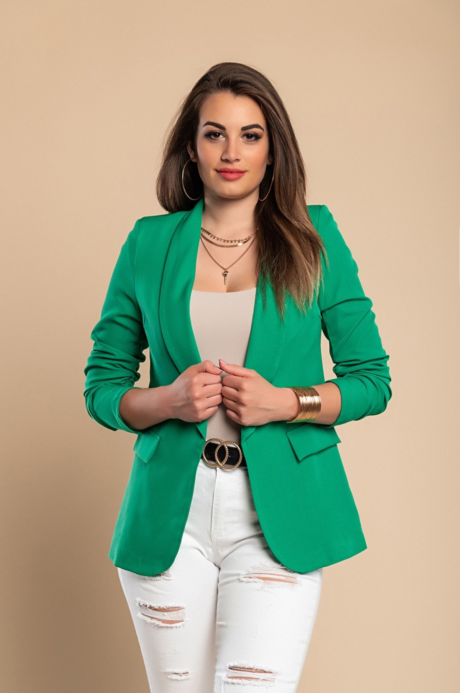 Donna PRONTO MODA ELENE | Blazer Lungo Con Scollatura Classica Turina, Verde