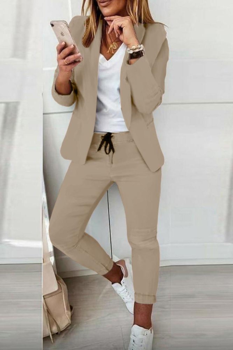 Donna NEO IMAGE | Completo Pantalone E Blazer Elegante Estrena, Beige