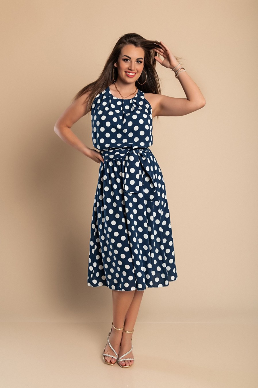 Donna NEO IMAGE | Abito Midi Con Stampa Pois Moulisha, Blu