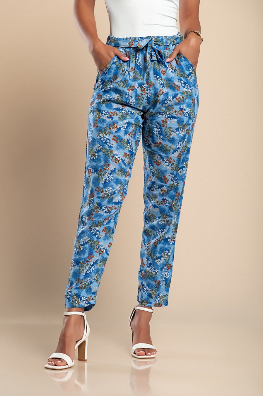 Donna NI TRADE d.o.o | Pantalone Lungo In Cotone Con Fantasia Floreale, Blu