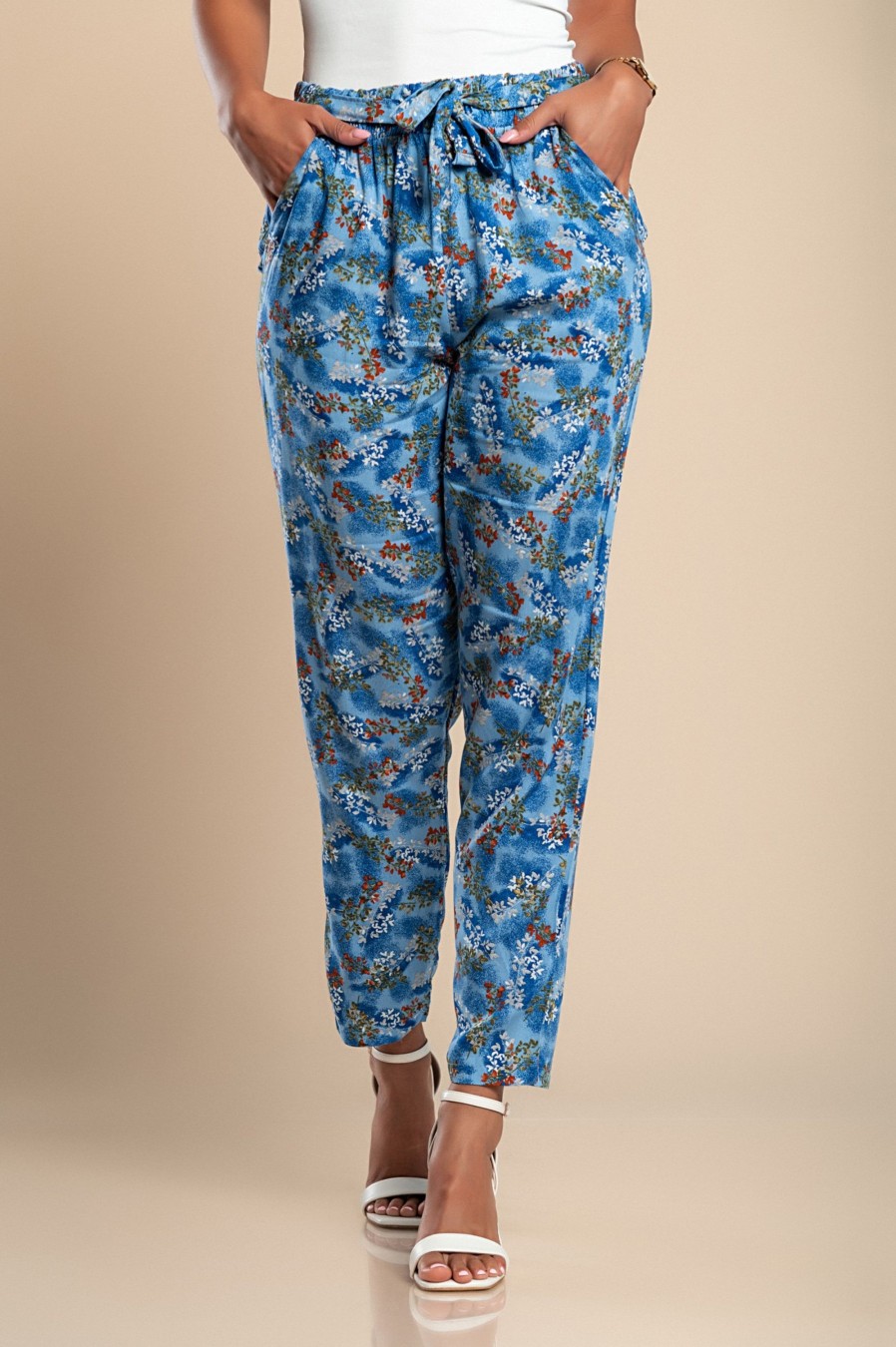 Donna NI TRADE d.o.o | Pantalone Lungo In Cotone Con Fantasia Floreale, Blu