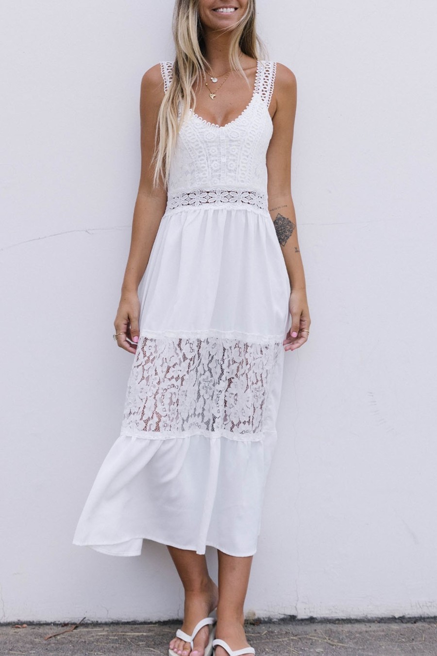 Donna Dear-lover | Abito Midi Con Pizzo, Bianco