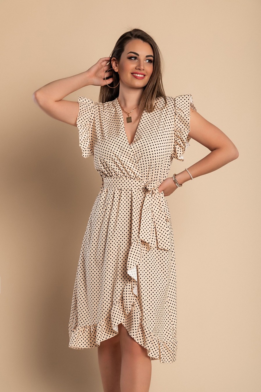 Donna NEO IMAGE | Abito Midi A Pois Con Dettagli Arricciati, Beige