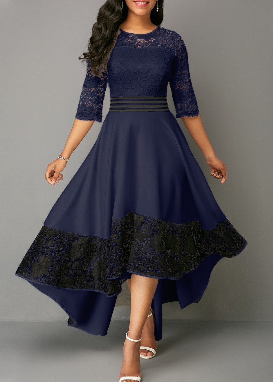 Donna NEO IMAGE | Abito Elegante Con Pizzo Bianca, Blu Scuro