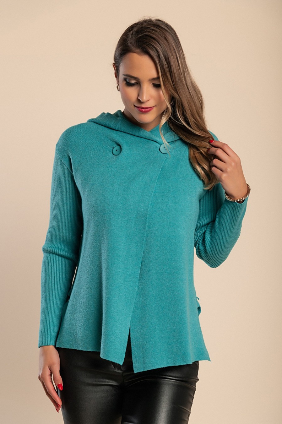 Donna EWOMAN - INTERFASHION SRL | Cardigan In Maglia Con Cappuccio, Turchese