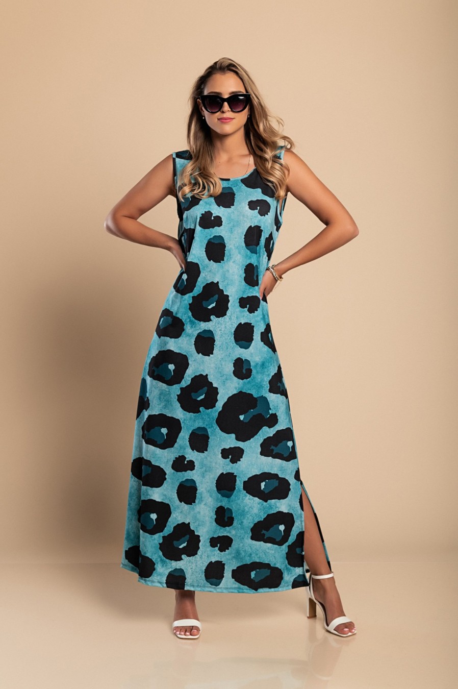 Donna NEO IMAGE | Abito Lungo Con Stampa Leopardata, Blu