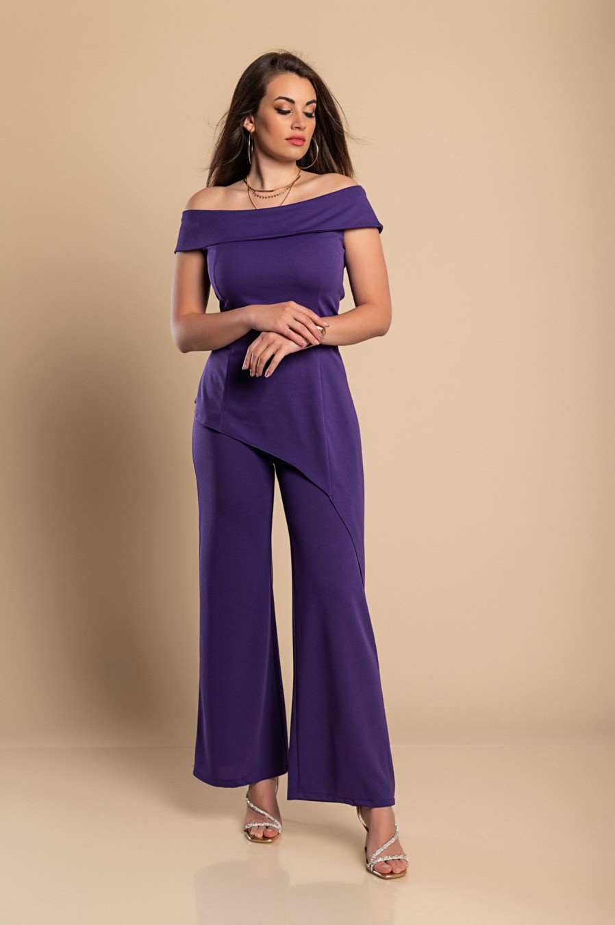 Donna PRONTO MODA ELENE | Elegante Set Composto Da Top E Pantaloni Asimmetrici, Viola