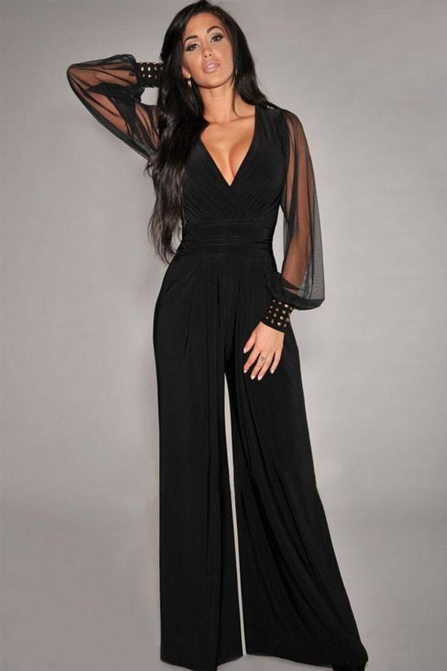 Donna NEO IMAGE | Jumpsuit Elegante Con Scollo A "V" E Maniche Trasparenti Con Rivetti Georgina, Nero