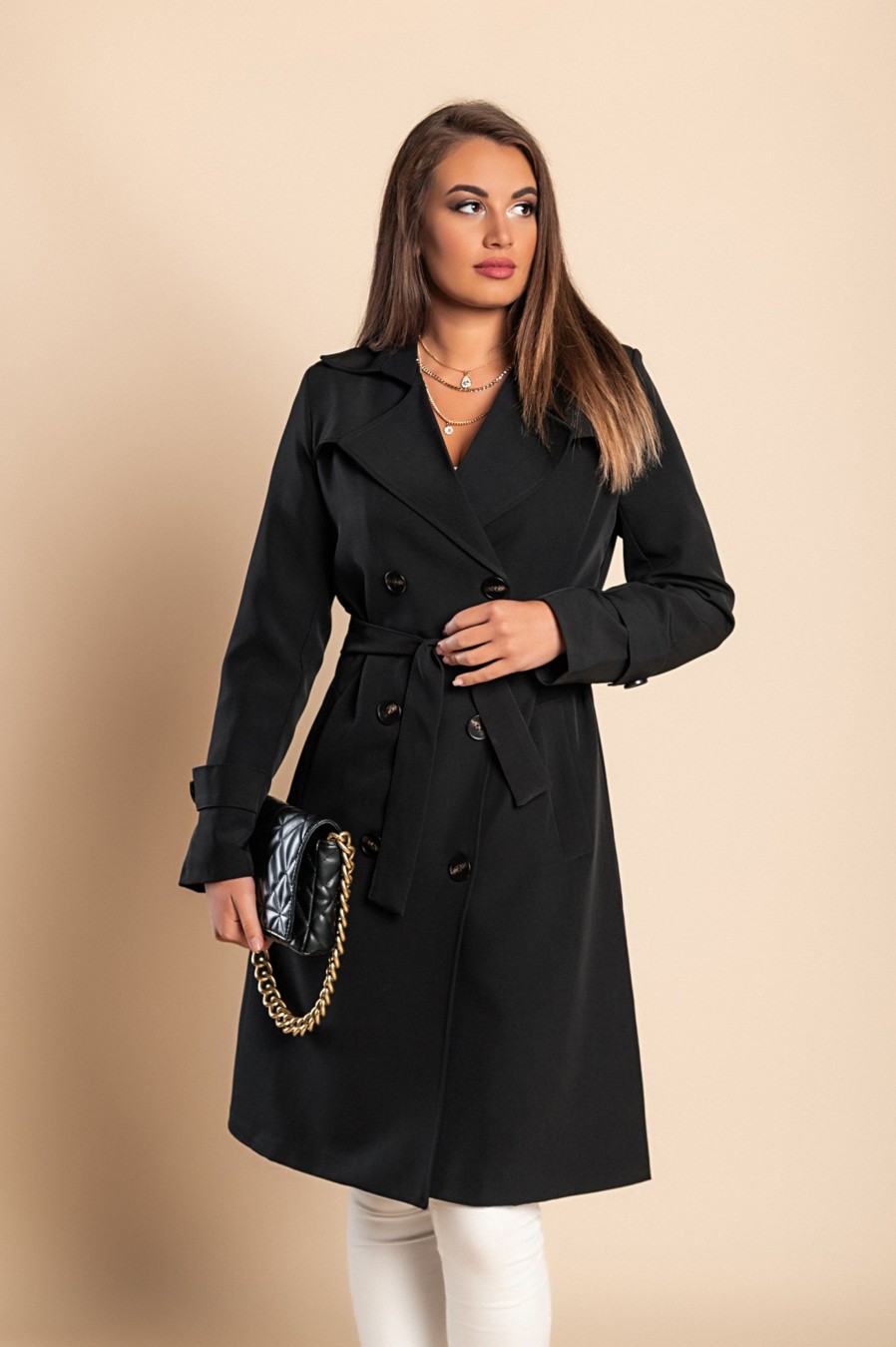 Donna PRONTO MODA ELENE | Elegante Trench Con Bottoni, Nero