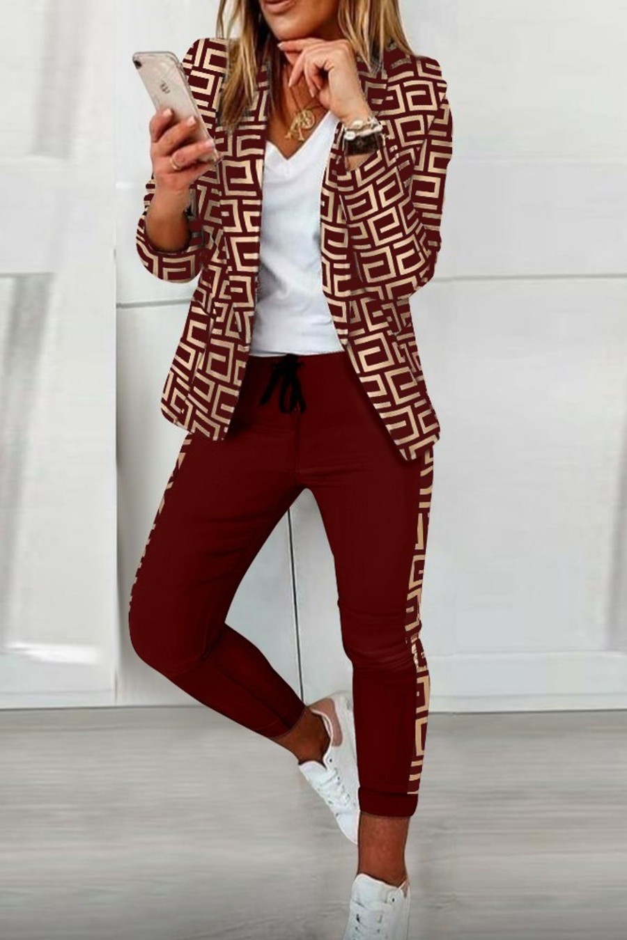 Donna NEO IMAGE | Completo Pantalone Con Stampa Blazer Nunzia, Bordeaux