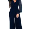 Donna NEO IMAGE | Jumpsuit Elegante Con Scollo A "V" E Maniche Trasparenti Con Rivetti Georgina, Blu Scuro