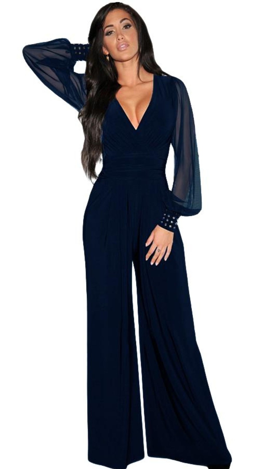 Donna NEO IMAGE | Jumpsuit Elegante Con Scollo A "V" E Maniche Trasparenti Con Rivetti Georgina, Blu Scuro