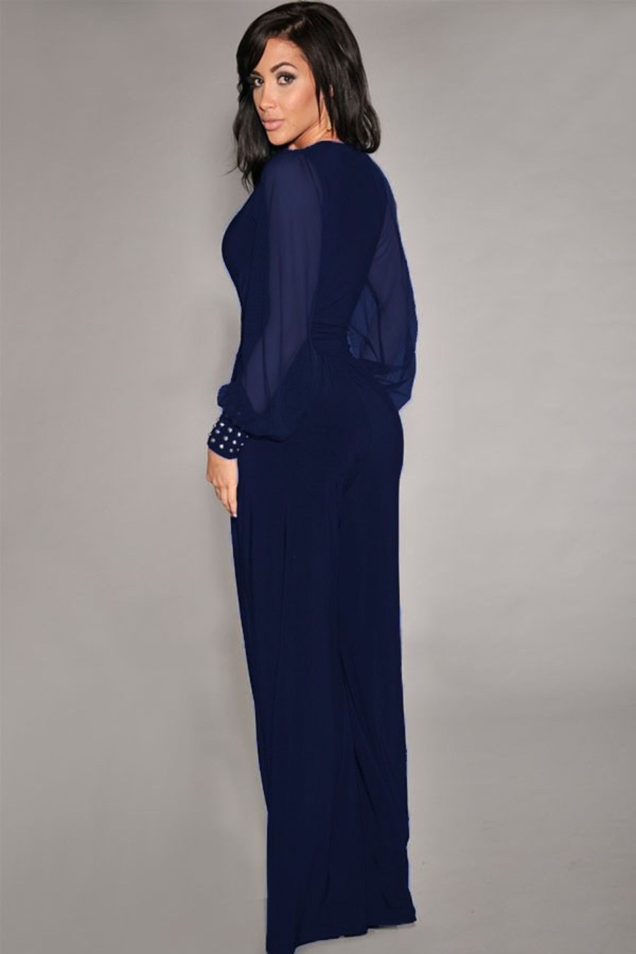 Donna NEO IMAGE | Jumpsuit Elegante Con Scollo A "V" E Maniche Trasparenti Con Rivetti Georgina, Blu Scuro