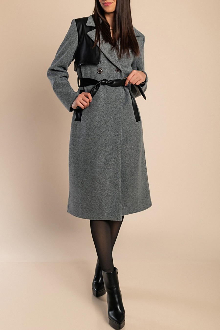 Donna MODA LC | Cappotto Elegante Con Dettagli In Ecopelle, Grigio