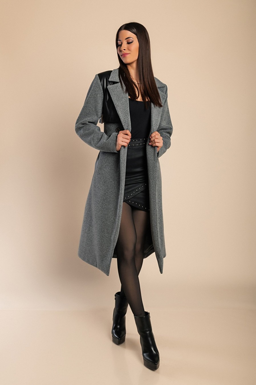 Donna MODA LC | Cappotto Elegante Con Dettagli In Ecopelle, Grigio