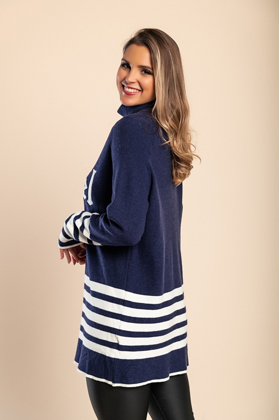 Donna EWOMAN - INTERFASHION SRL | Maglia Lunga A Righe Con Stampa A Righe, Blu Scuro