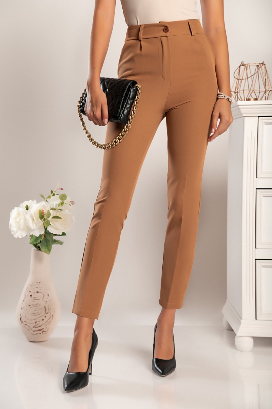 Donna PRONTO MODA ELENE | Elegante Pantalone Lungo A Vita Alta Amposta, Colore Cammello