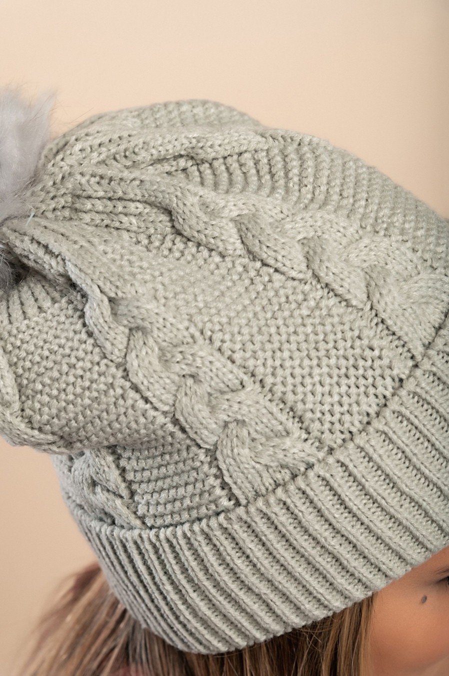 Donna FASHION STYLE SRLS (ANGELA) | Cappello Lavorato A Maglia Con Pompon, Grigio Chiaro