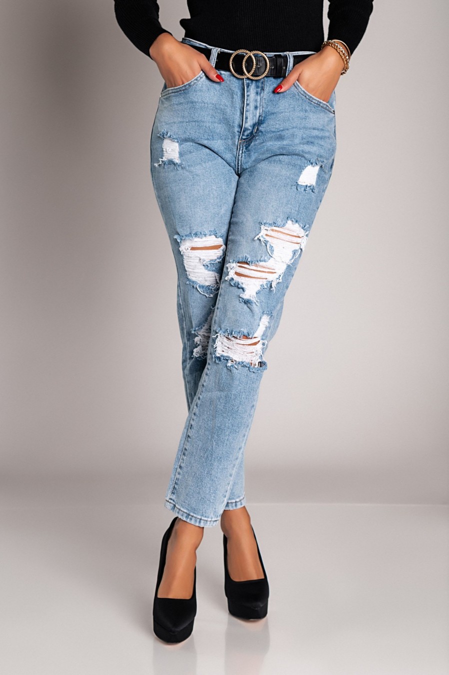 Donna B. STYLE | Jeans Mom Fit Con Strappi Cartura, Azzurro