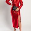 Donna PRONTO MODA ELENE | Elegante Abito Midi In Simil Raso, Rosso