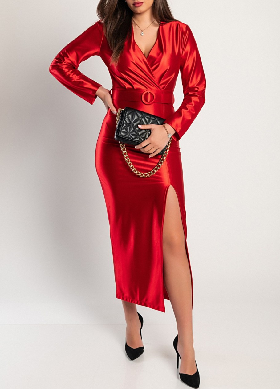 Donna PRONTO MODA ELENE | Elegante Abito Midi In Simil Raso, Rosso