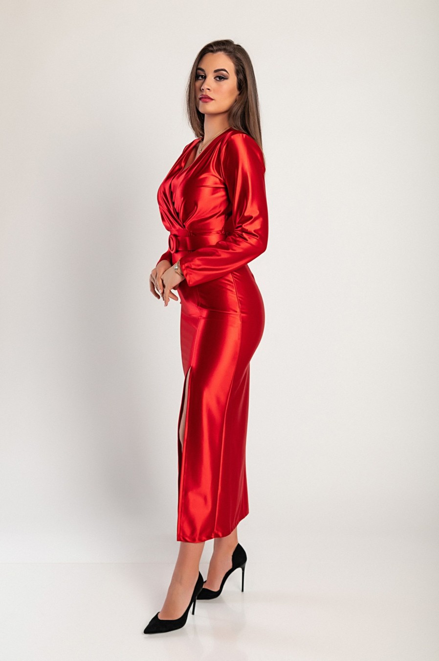 Donna PRONTO MODA ELENE | Elegante Abito Midi In Simil Raso, Rosso