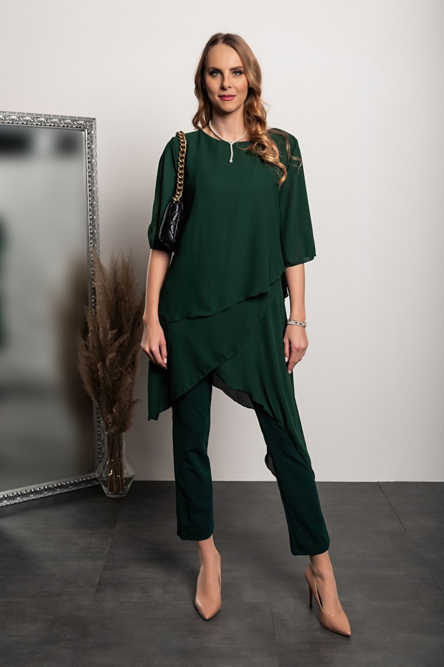 Donna NEO IMAGE | Set Di Elegante Tunica Traslucida E Pantaloni Lunghi Claudette, Verde