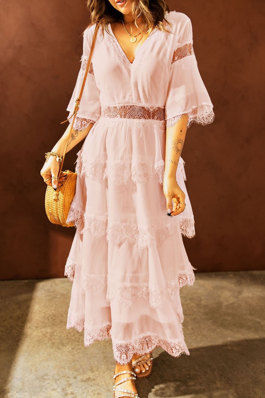 Donna Dear-lover | Abito Elegante Midi Con Inserti In Pizzo Trasparente Tiziana, Rosa