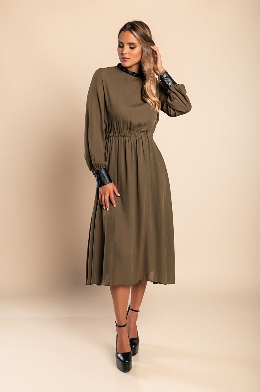 Donna MYSTAR Mixmind srl | Dettaglio In Ecopelle Abito Midi Elegante Plana, Verde Oliva