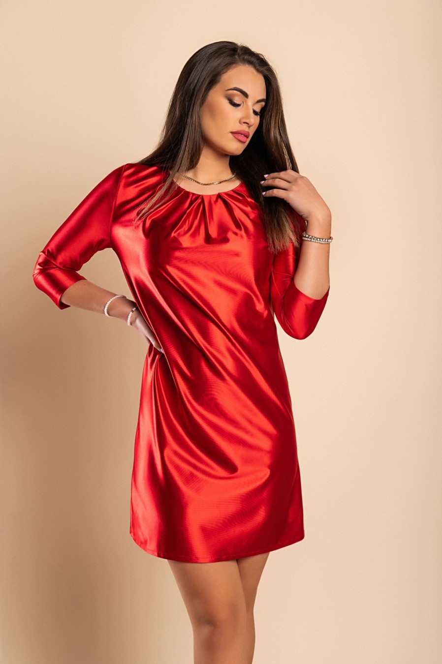 Donna PRONTO MODA ELENE | Mini Abito Elegante In Simil Raso, Rosso