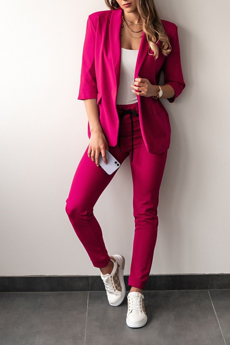 Donna NEO IMAGE | Tailleur Pantalone Tinta Unita Con Giacca Manica 3/4, Fucsia