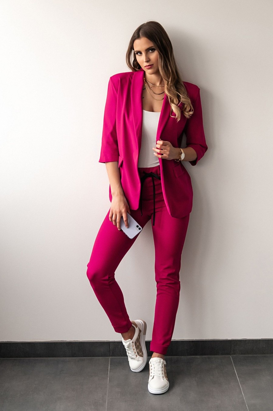 Donna NEO IMAGE | Tailleur Pantalone Tinta Unita Con Giacca Manica 3/4, Fucsia