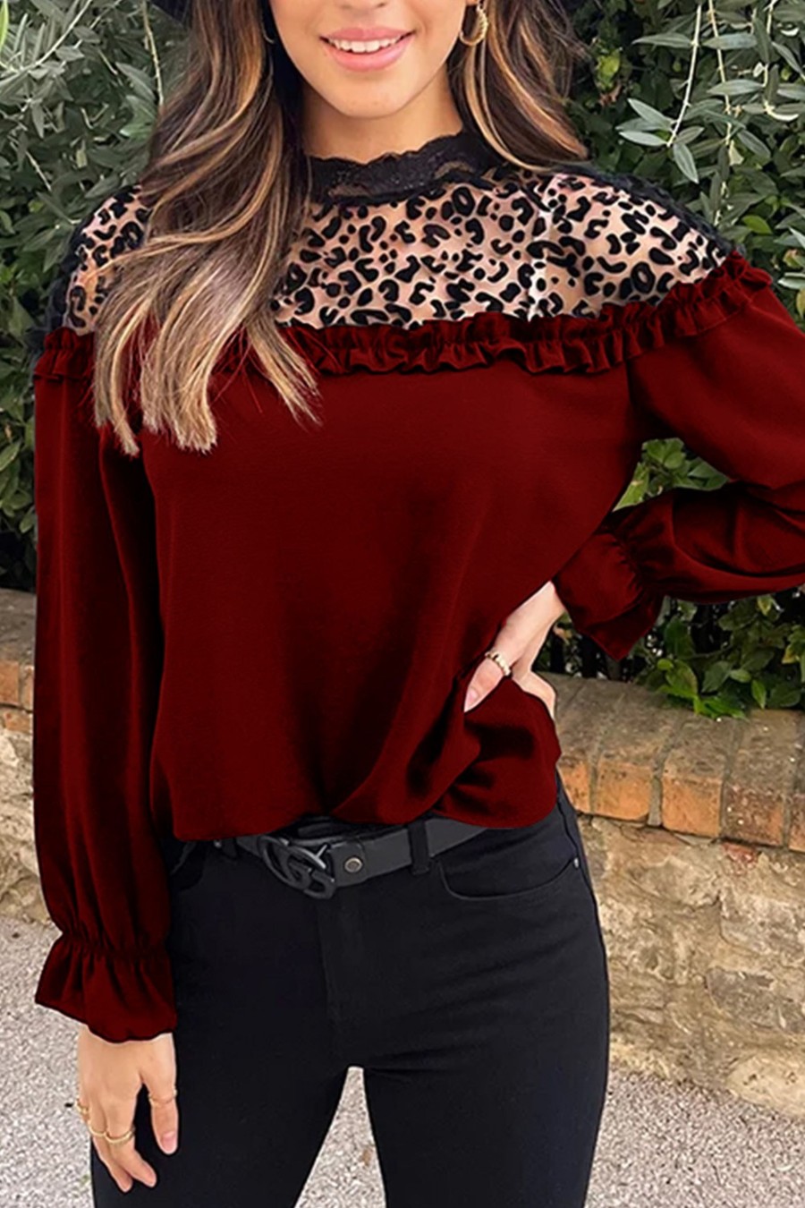 Donna NEO IMAGE | Blusa Elegante Con Volant, Bordeaux