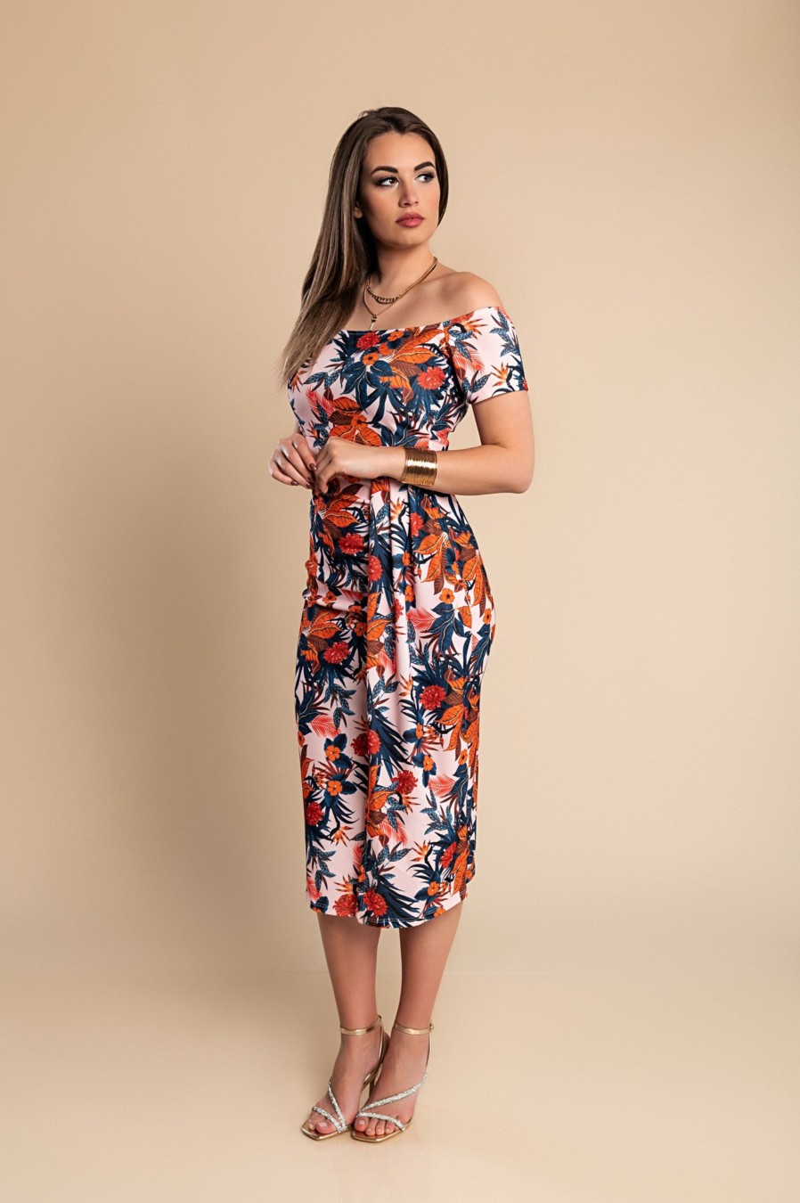 Donna NEO IMAGE | Elegante Abito Midi Con Stampa Floreale, Rosa Chiaro