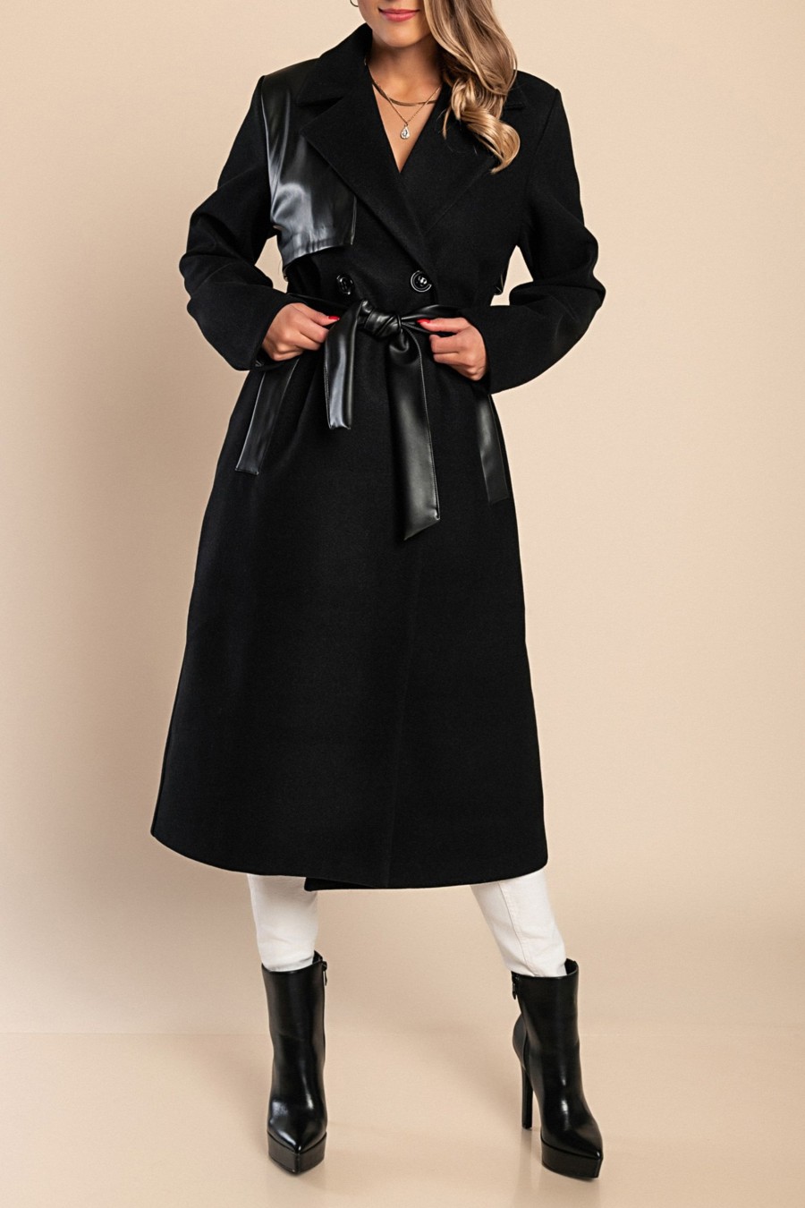 Donna MODA LC | Cappotto Elegante Con Dettagli In Ecopelle, Nero