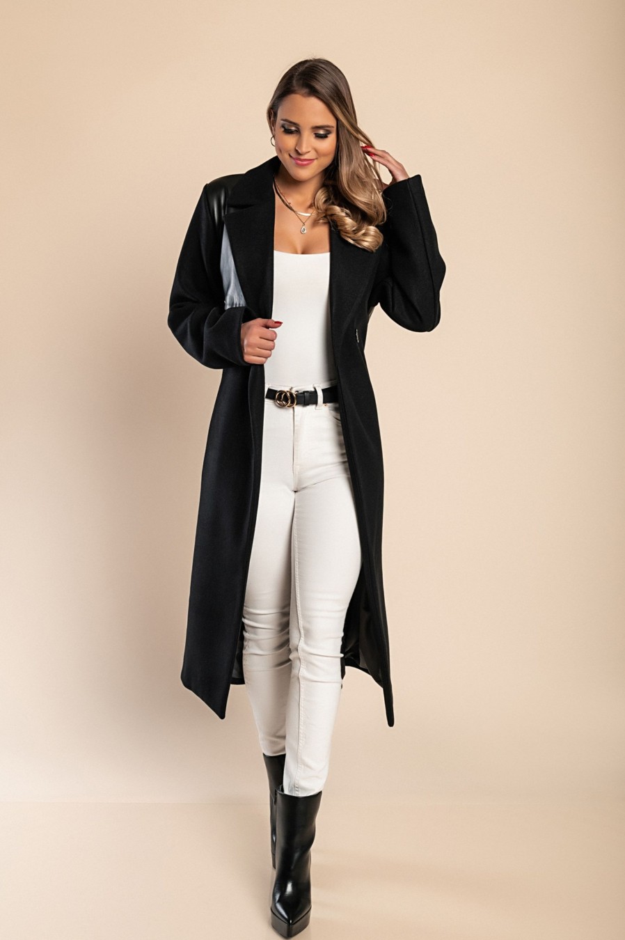 Donna MODA LC | Cappotto Elegante Con Dettagli In Ecopelle, Nero