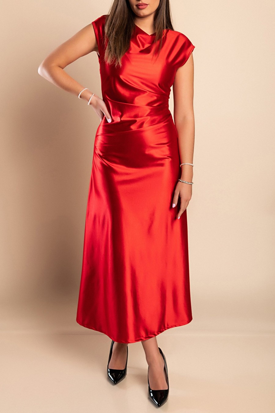 Donna PRONTO MODA ELENE | Abito Midi In Simil Raso, Rosso