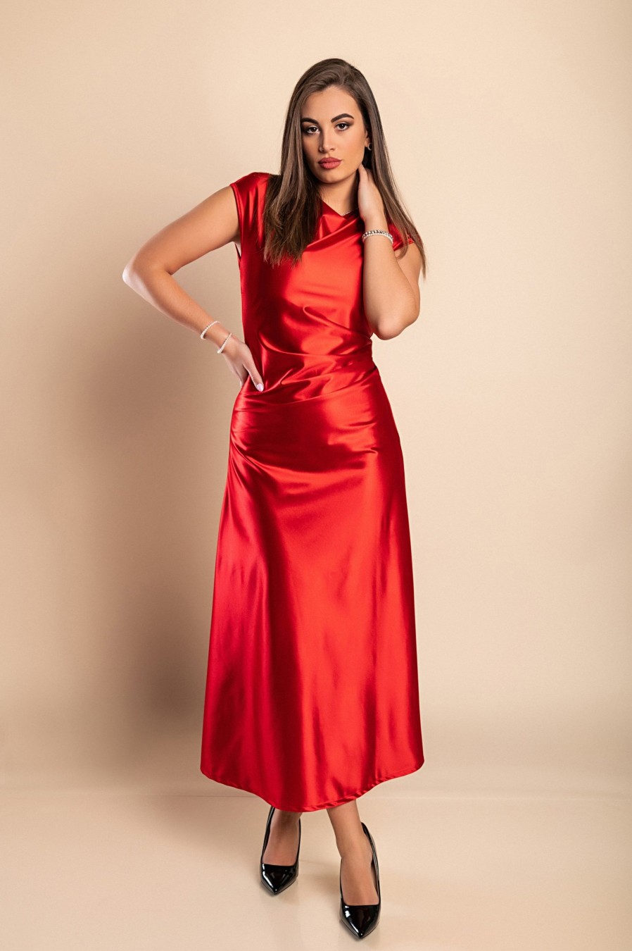 Donna PRONTO MODA ELENE | Abito Midi In Simil Raso, Rosso